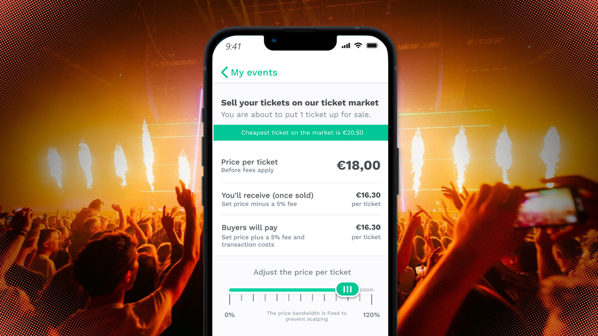 a photo of the dynamic secondary market app screen with a background of fans at an event